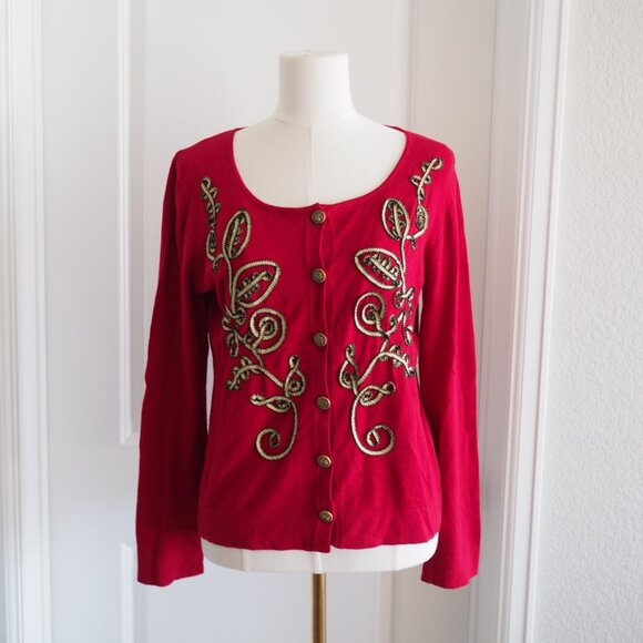 Vintage Grannycore Y2K Christmas Red Gold Detail Sweater Once Again Sz Medium - Picture 1 of 14
